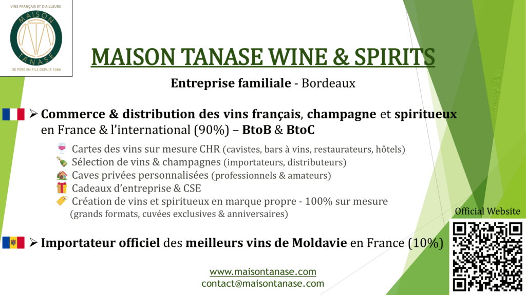 Depuis Bordeaux, Maison Tanase crée des passerelles entre producteurs, professionnels et amateurs de vin grâce à une sélection exigeante de vins et spiritueux issus des plus grands terroirs français et des vignobles emblématiques de Moldavie.