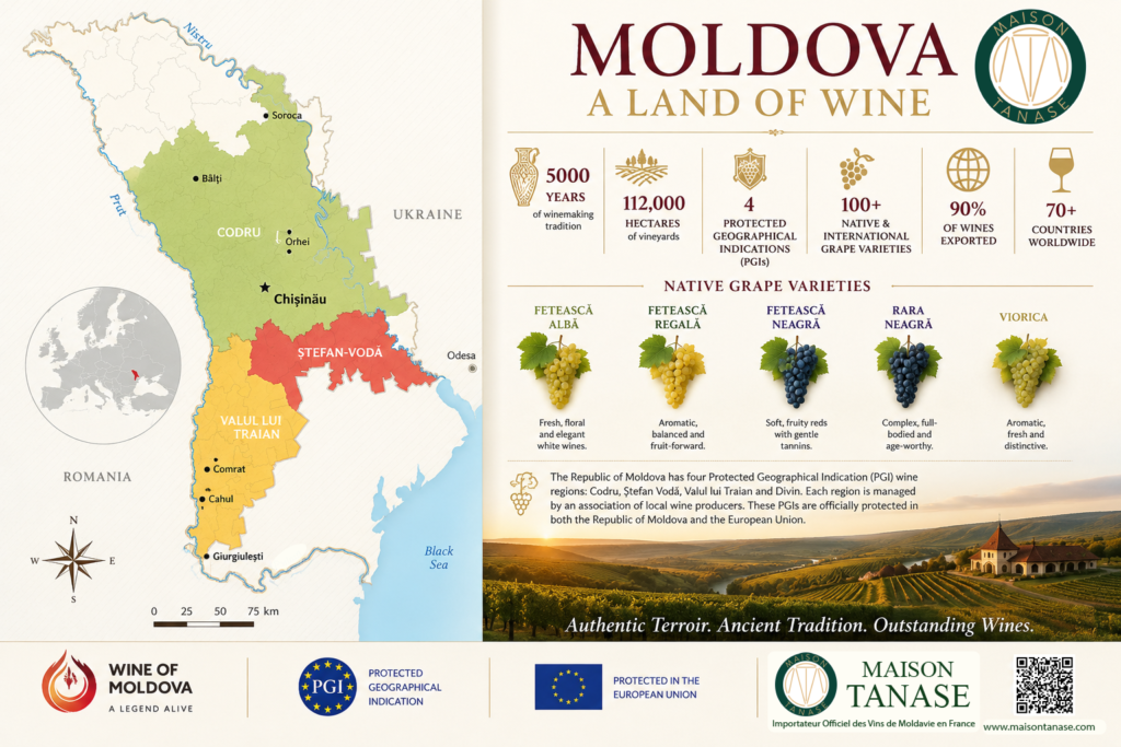 Infographic by Maison Tanase illustrating the wine map of Moldova, the four main wine regions, the indigenous grape varieties Viorica, Fetească Albă, Fetească Neagră and Rara Neagră, as well as key information about Moldovan vineyards.
